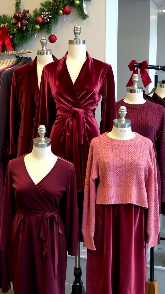 Burgundy Christmas party outfits including a velvet dress, tailored suit, and casual sweater.